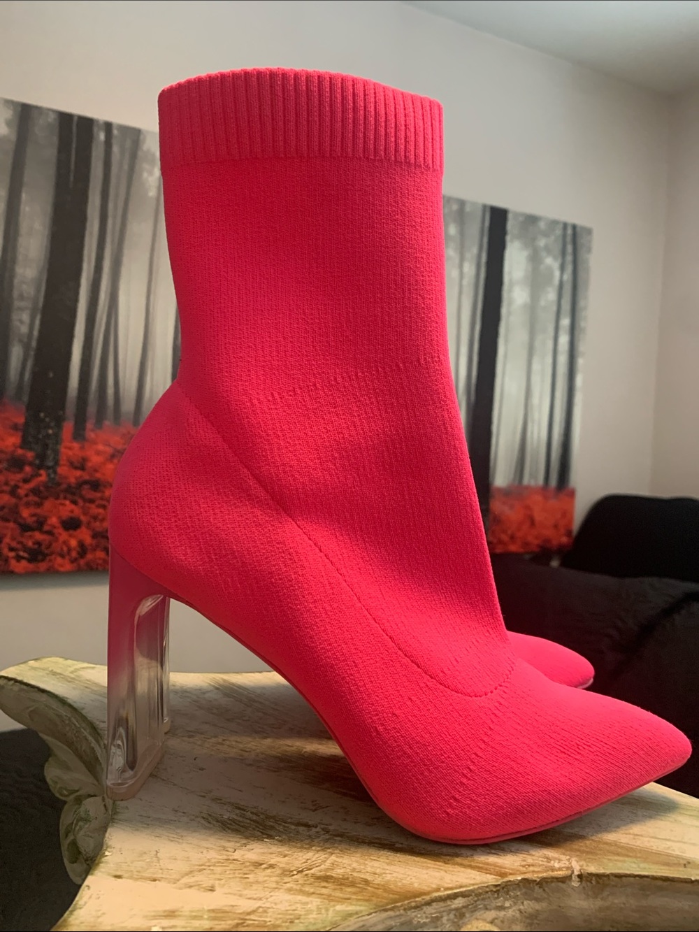 Call It Spring Bright Pink Sock Booties with Clear Block Heel